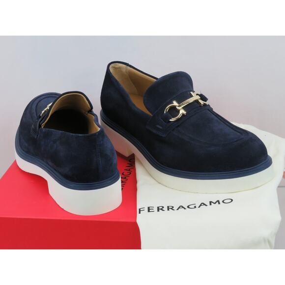 NIB FERRAGAMO FIORELLO BLUE SUEDE GANCINI BIT LOGO LOAFERS  display picture 3